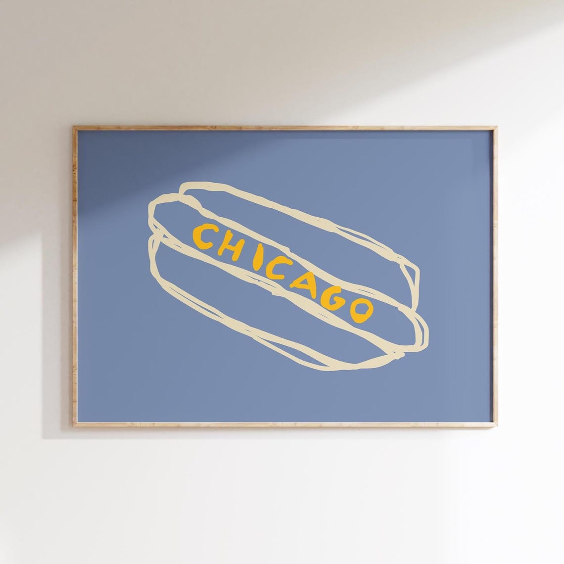 Chicago Hot Dog Minimal Line Drawing Periwinkle Blue Fun Food Poster