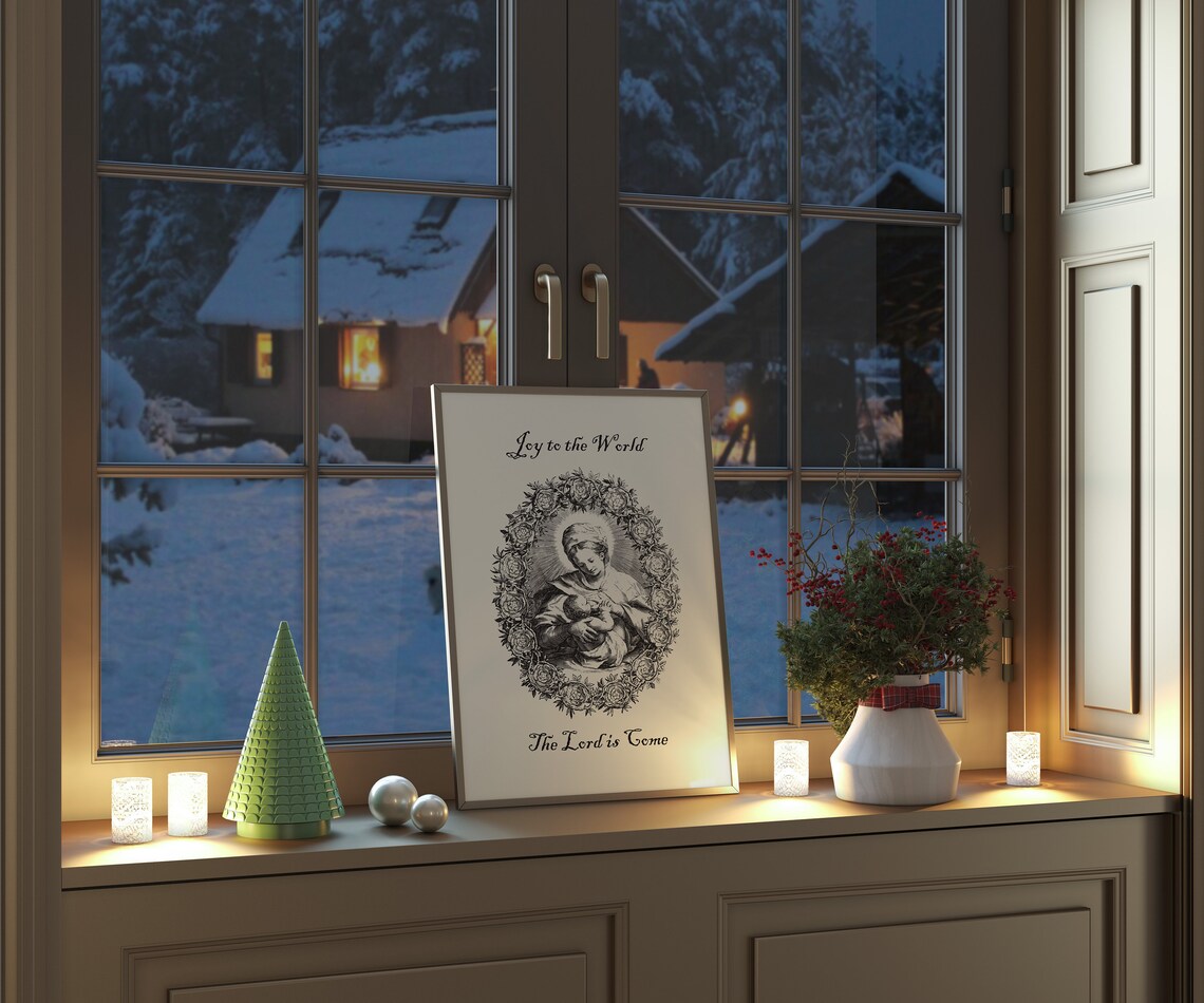 Joy To The World Madonna And Child Floral Christmas Carol Poster - Image 3