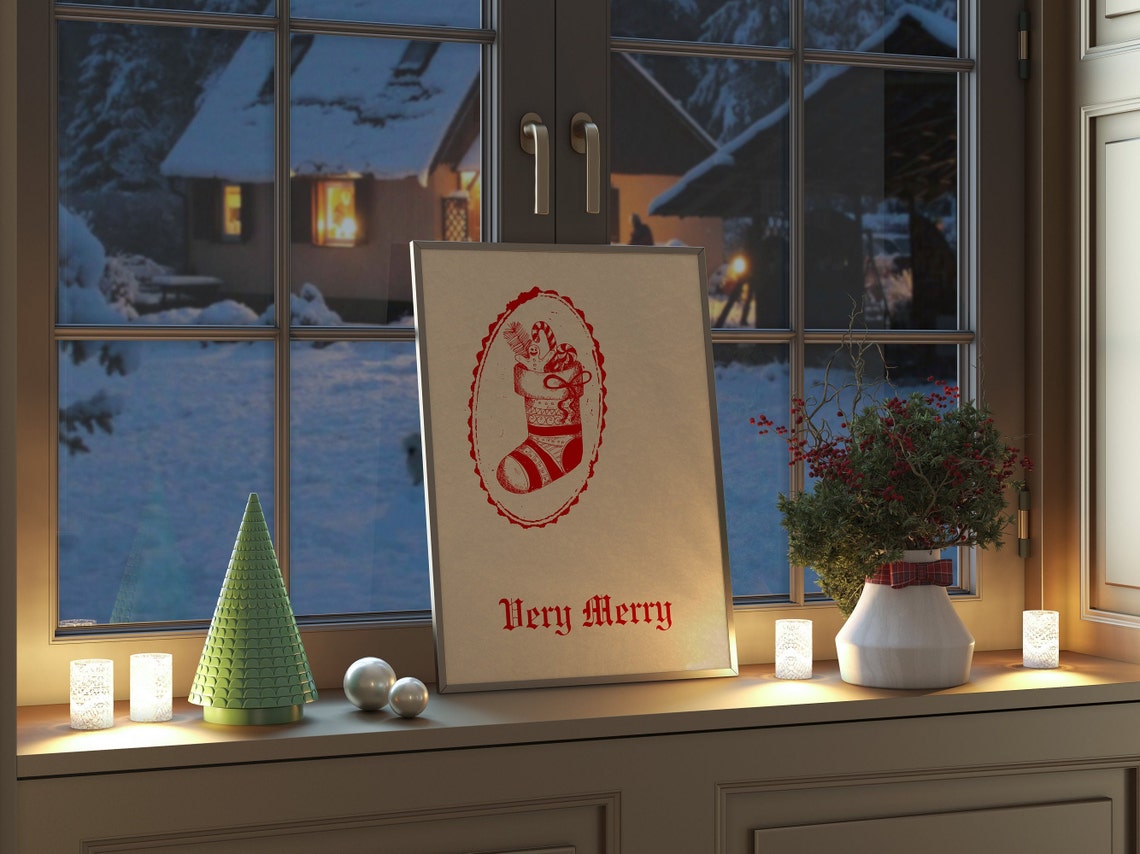 Very Merry Christmas Stocking Vintage Engraved Holiday Poster - Image 2