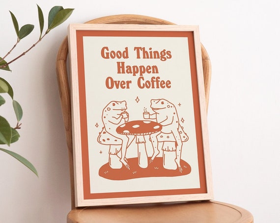 Retro Frog Coffee Print Frog Poster Kitchen Wall Decor Frog Art Prints Orange Poster Kitchen