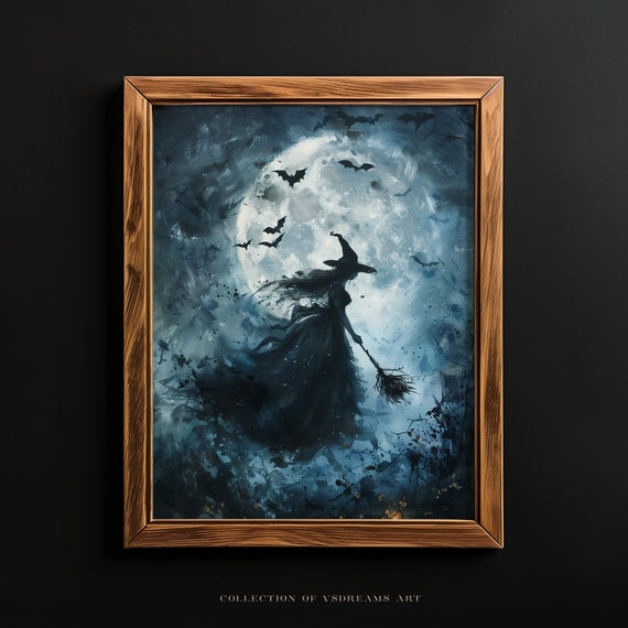 Magical Witch Flying In Moonlight Wall Art Print Halloween Home Decor Halloween Art Witch Oil Painting Witchy Decor Moody Art