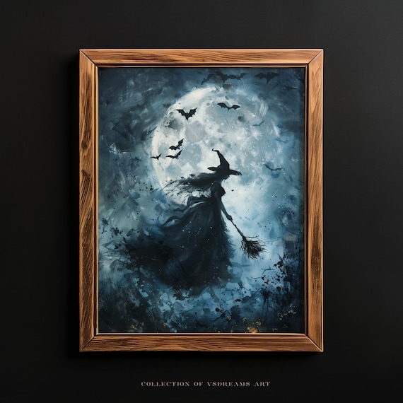 Witch Flying Across Full Moon Bats Magical Halloween Art Poster
