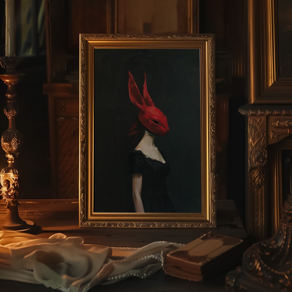 Red Rabbit Mask Woman Black Dress Whimsical Gothic Art Poster - Image 2