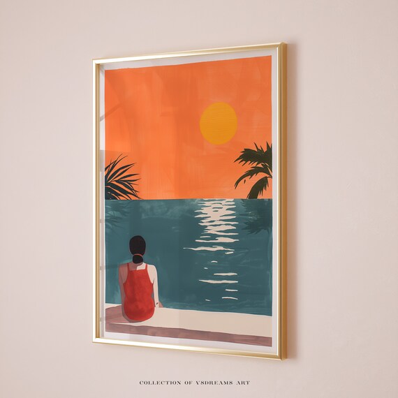 Woman Watching Ocean Sunset Red Swimsuit Tropical Art Poster