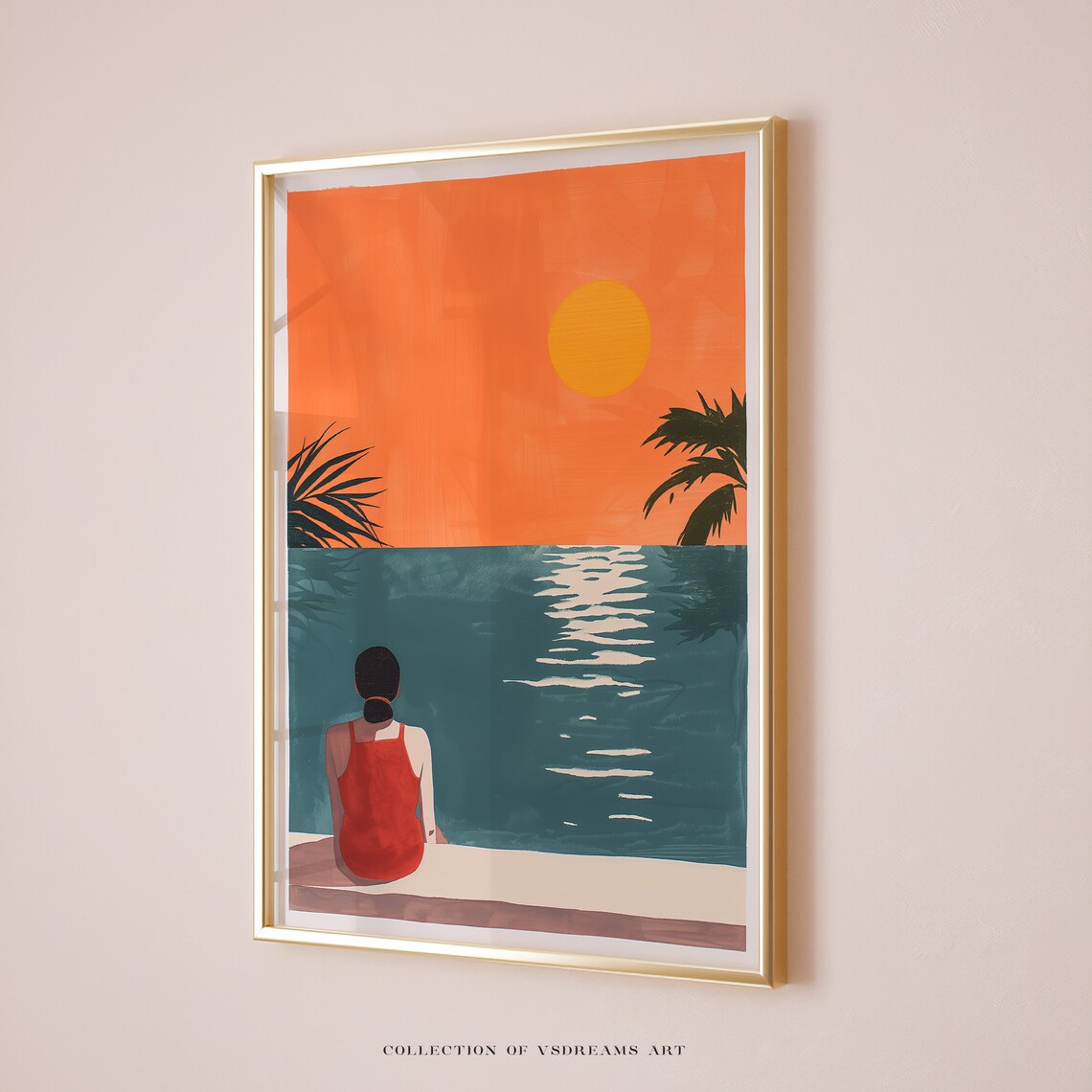 Woman Watching Ocean Sunset Red Swimsuit Tropical Art Poster