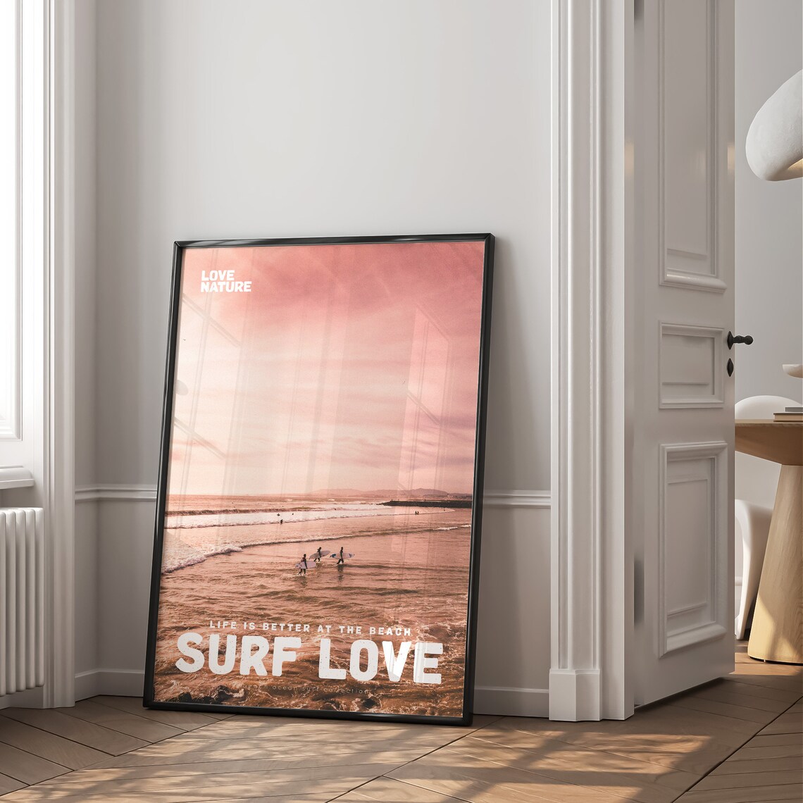 Surf Love Pink Sunset Ocean Surfers In Water Beach Photo Poster - Image 2