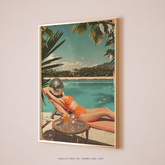 Retro Poolside Woman Disco Ball Face Cocktail Summer Vibes Poster