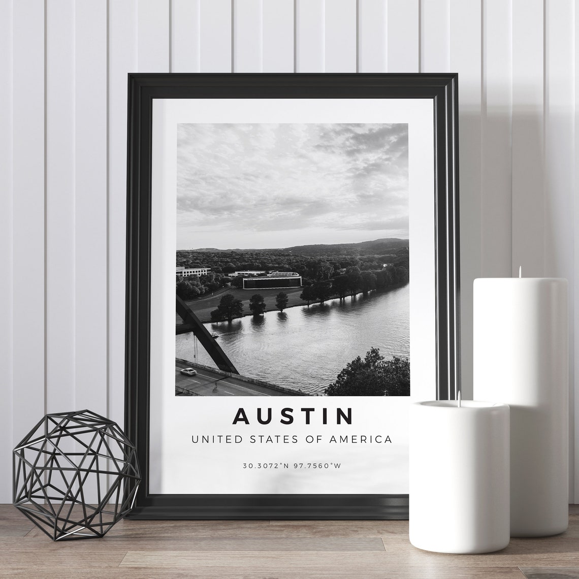 Austin Texas Black White Scenic River Bridge Photography Poster