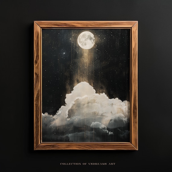 Gothic Full Moon Art Mystical Starry Night Sky Cloud Print