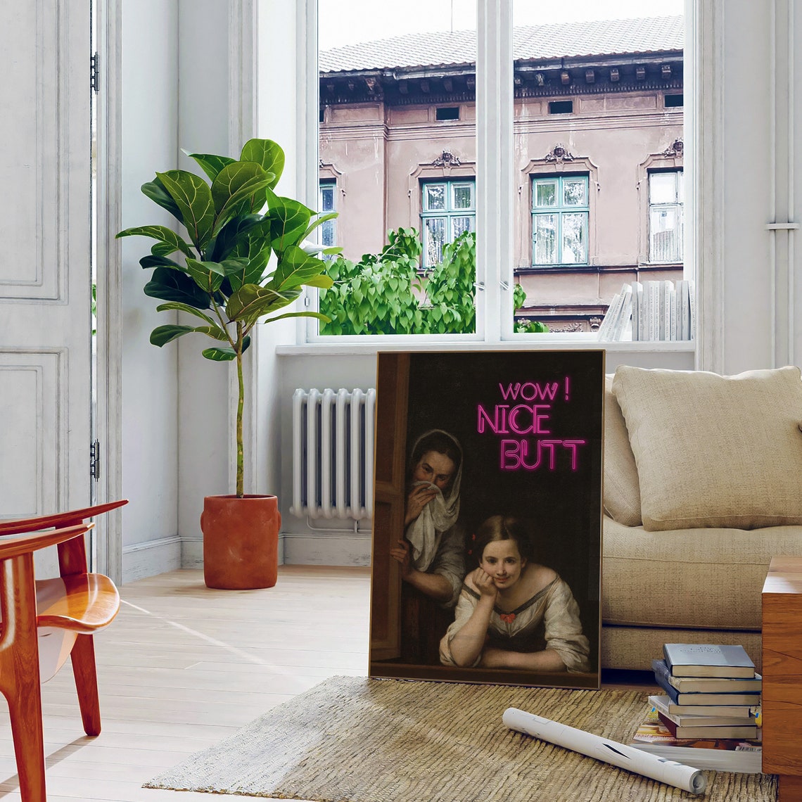 Wow Nice Butt Neon Sign Classical Oil Painting Funny Bathroom Poster - Image 3