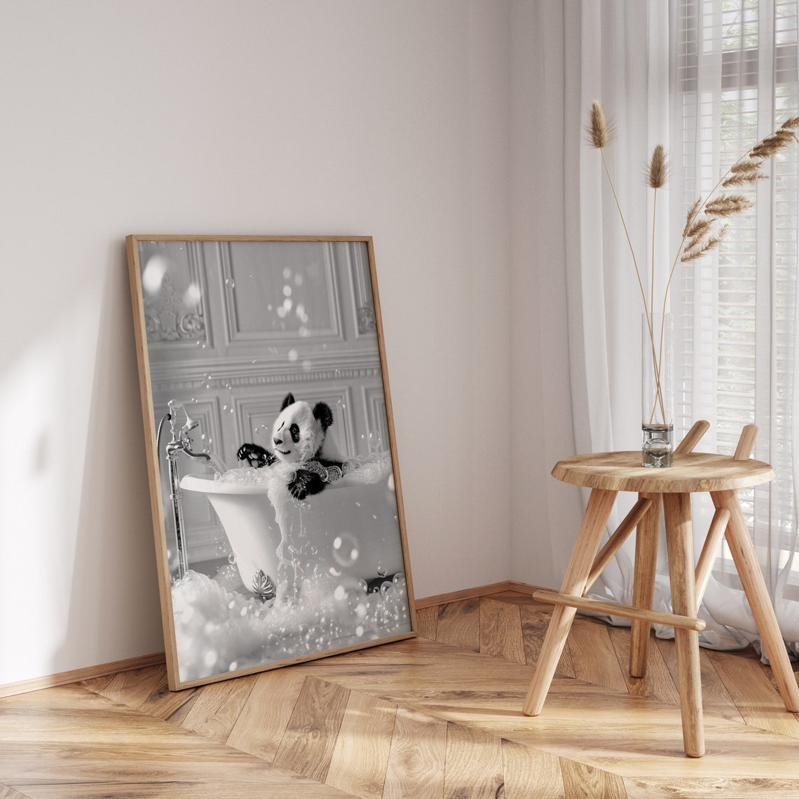 Panda Bubble Bath Black and White Funny Animal Bathroom Poster - Image 3