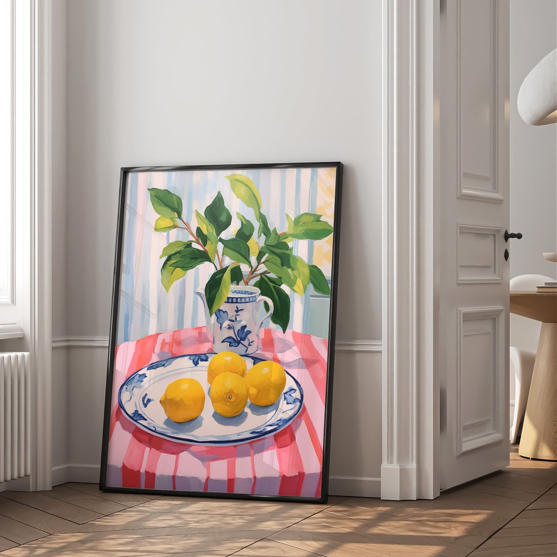 Lemons on Blue Plate Pitcher Striped Tablecloth Still Life Poster - Image 2