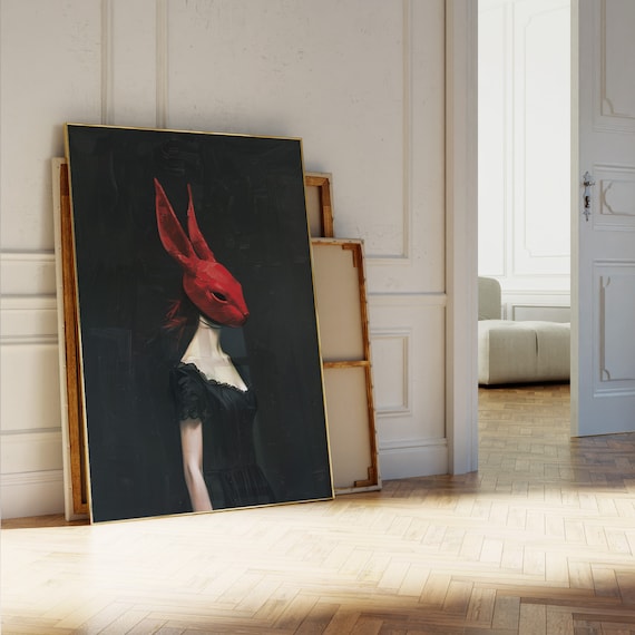 Red Rabbit Mask Woman Black Dress Whimsical Gothic Art Poster