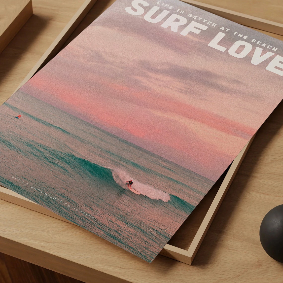 Surf Love Pink Sky Surfer Riding Wave Ocean Sunset Beach Poster - Image 4