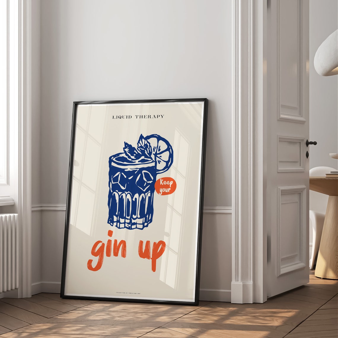Liquid Therapy Gin Up Retro Blue Cocktail Glass Orange Script Poster - Image 2