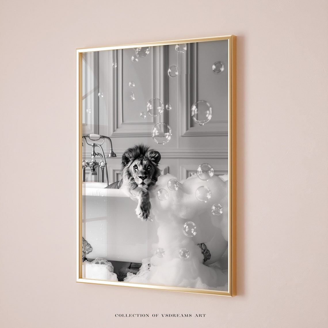 Lion Bubble Bath Black and White Funny Animal Bathroom Poster