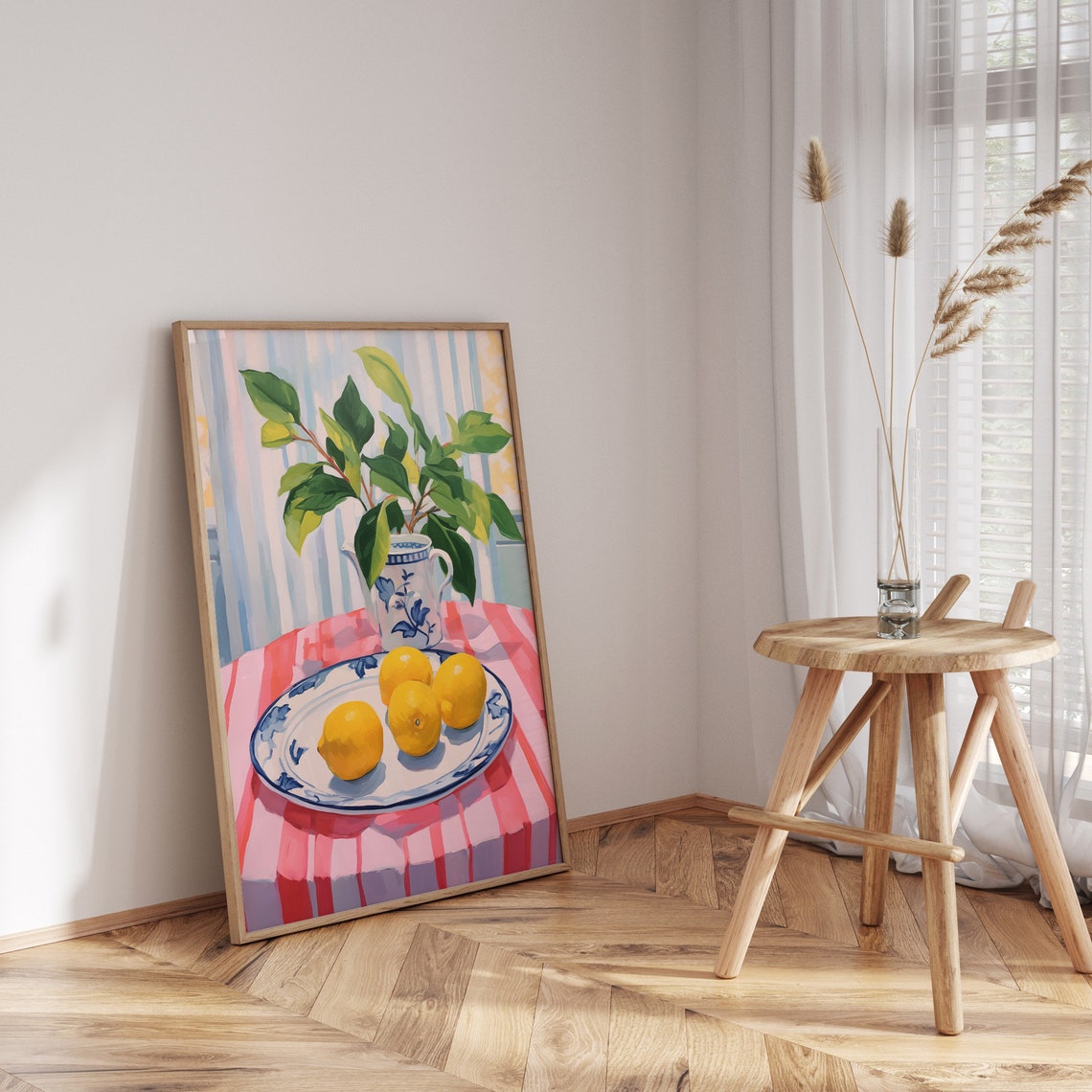 Lemons on Blue Plate Pitcher Striped Tablecloth Still Life Poster - Image 3
