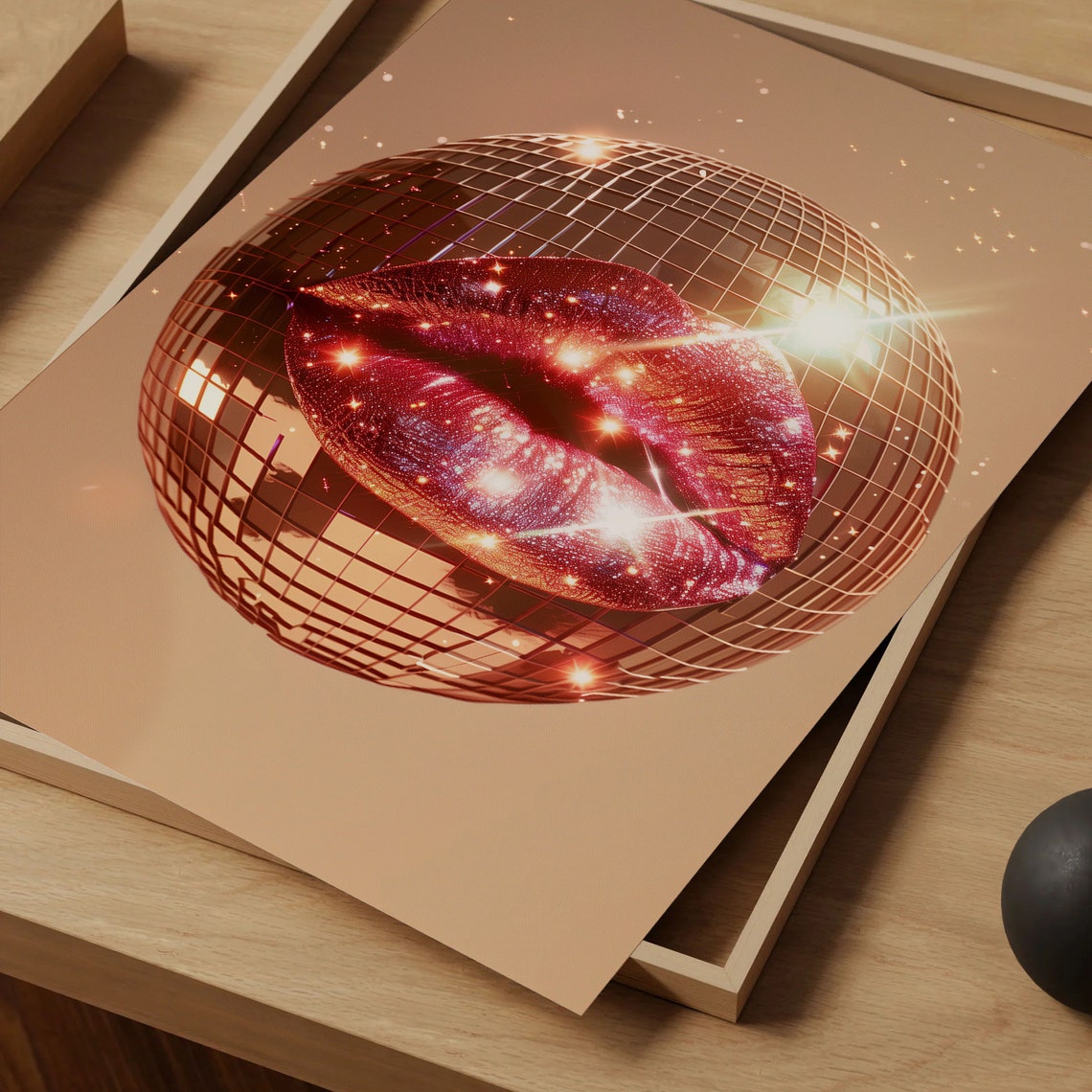 Disco Ball Glitter Red Lips Glam Mirrorball Sparkle Art Poster - Image 4