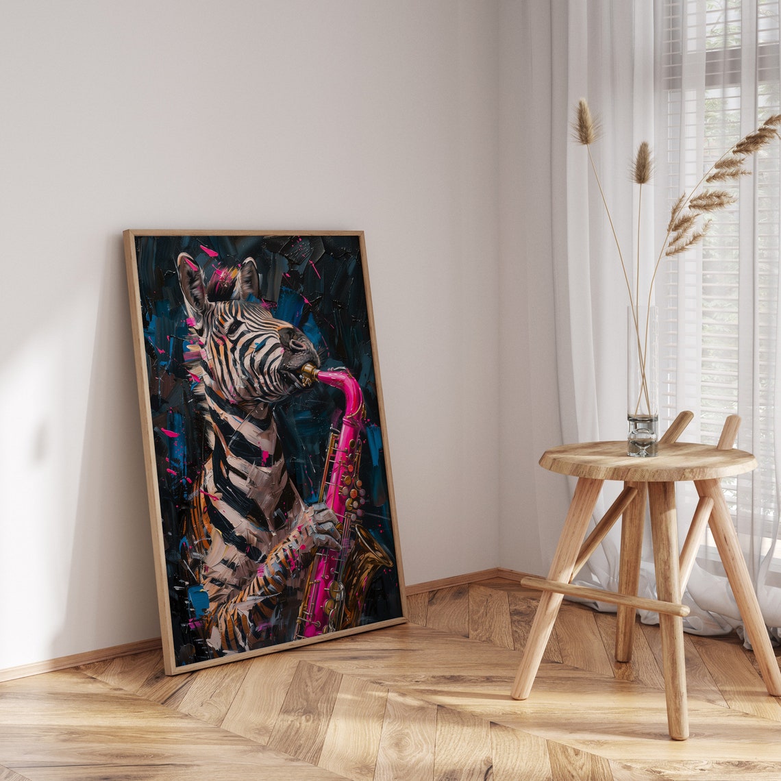 Zebra Playing Pink Saxophone Neon Splash Bold Jazz Music Animal Poster - Image 2