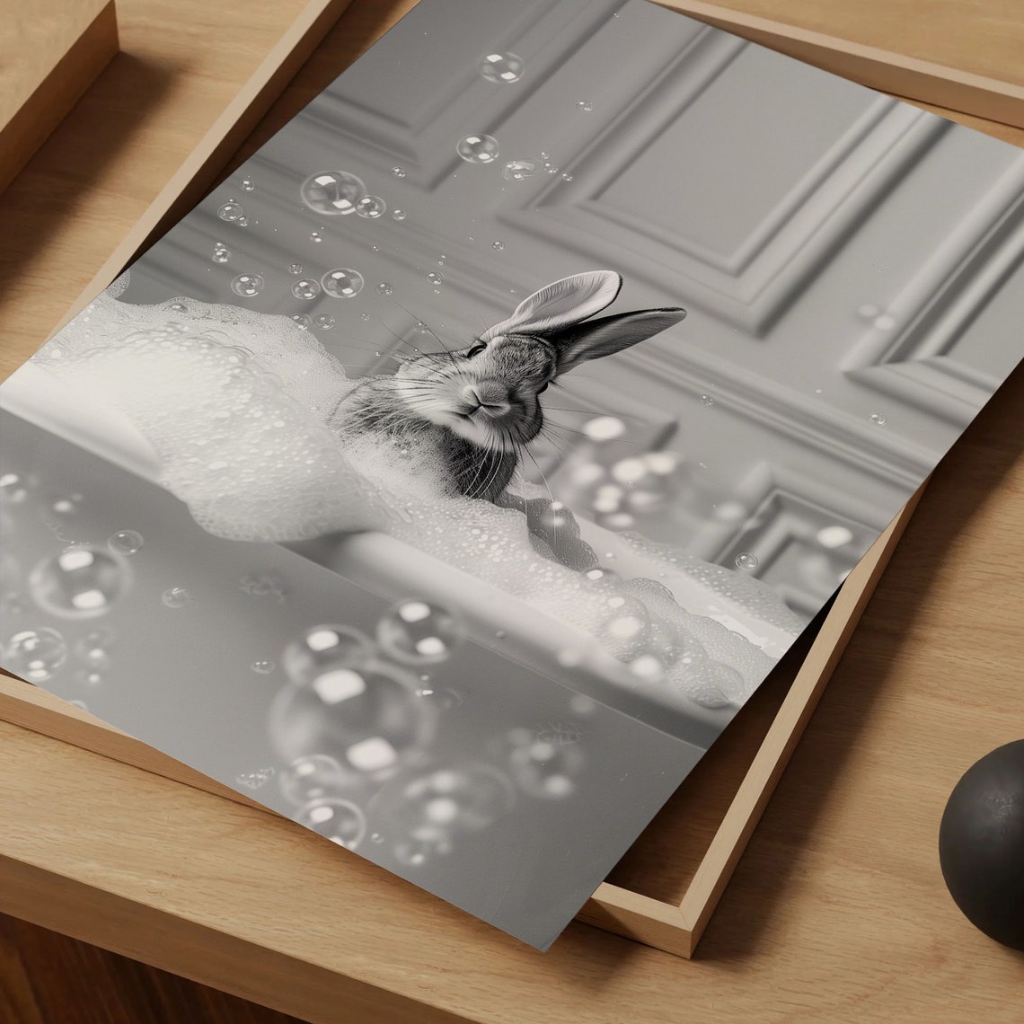 Rabbit Bubble Bath Black White Funny Bathroom Photo Art Poster - Image 5