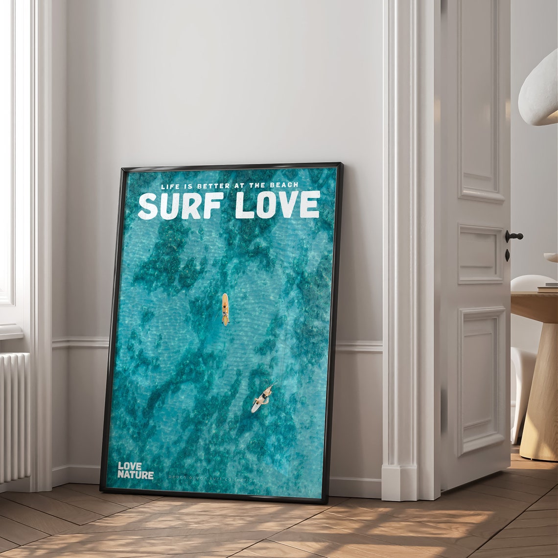 Surf Love Aerial Deep Teal Ocean Two Paddleboarders Surf Poster - Image 2
