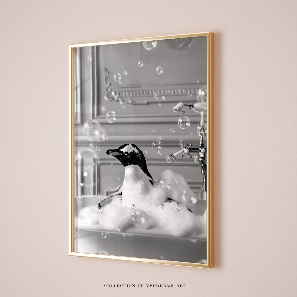Penguin Bubble Bath Black And White Funny Bathroom Humor Poster