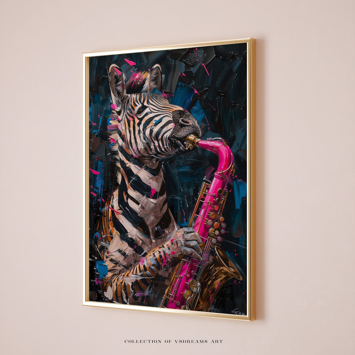 Zebra Playing Pink Saxophone Neon Splash Bold Jazz Music Animal Poster