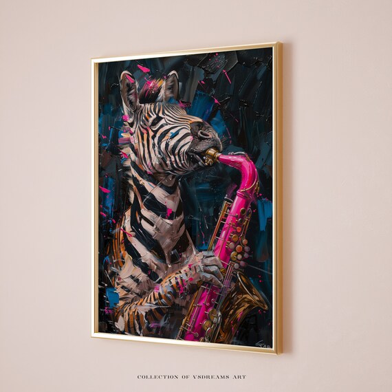 Zebra Playing Pink Saxophone Neon Splash Bold Jazz Music Animal Poster