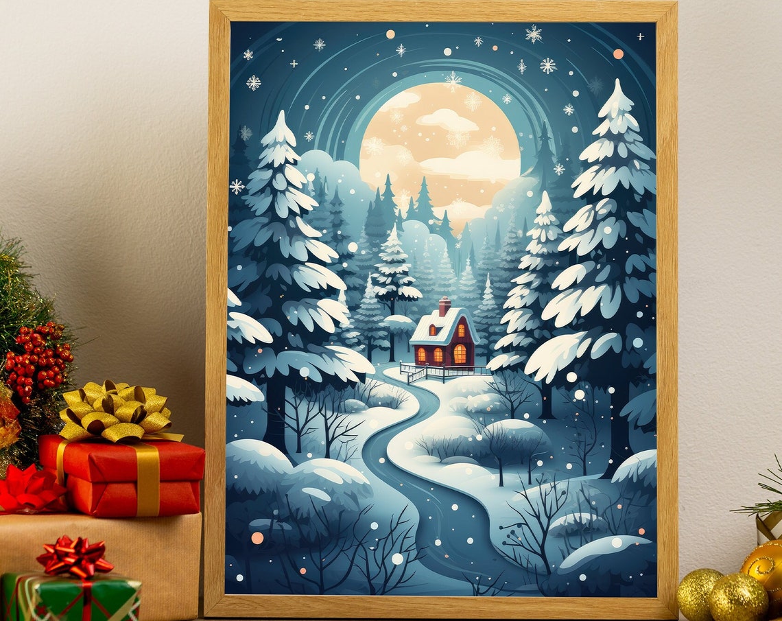 Cozy First Snow Moonlit Cabin Winter Forest Night Scene Poster - Image 6