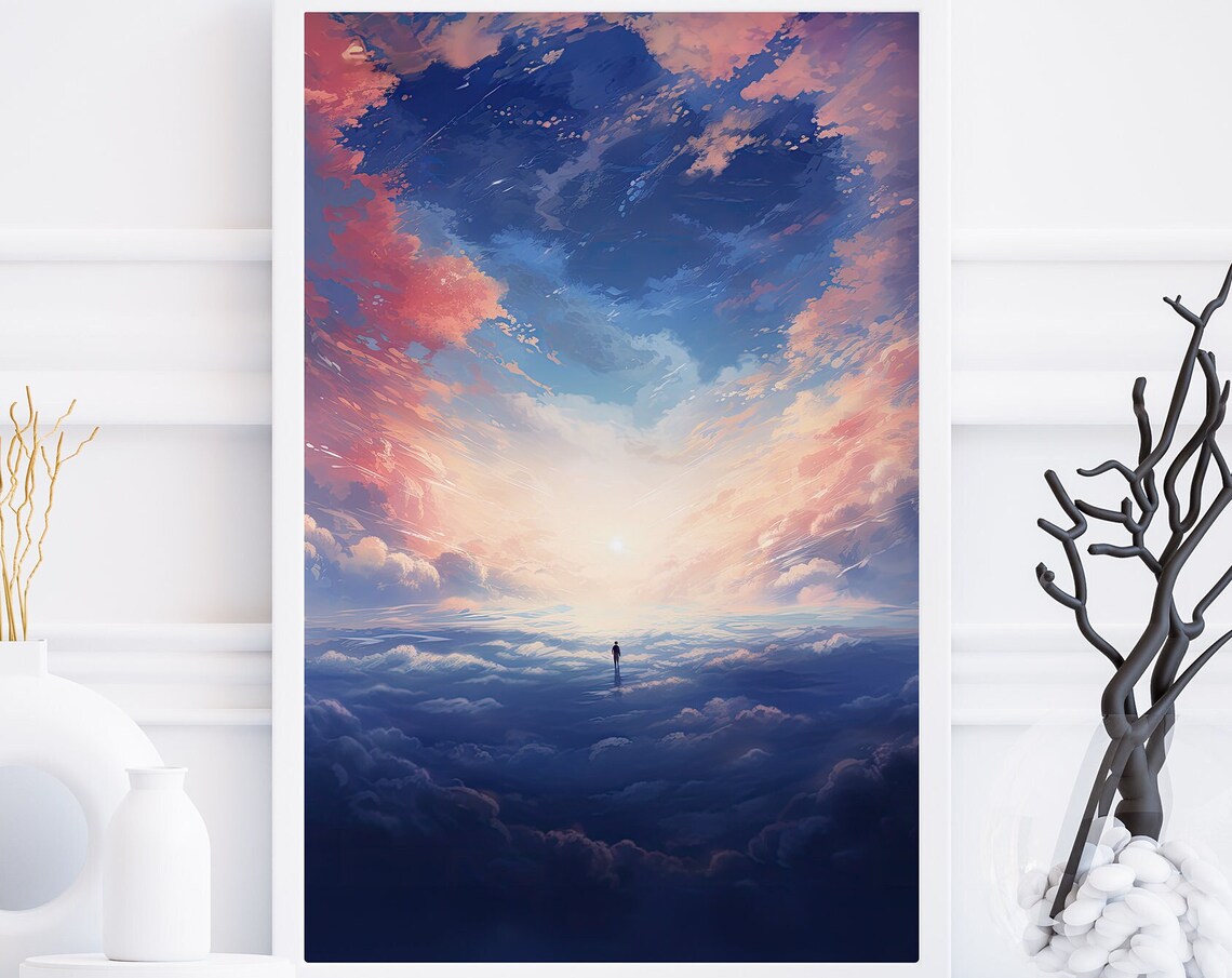 Dreamy Cloudscape Above The Clouds Tiny Figure Sunset Sky Poster - Image 7