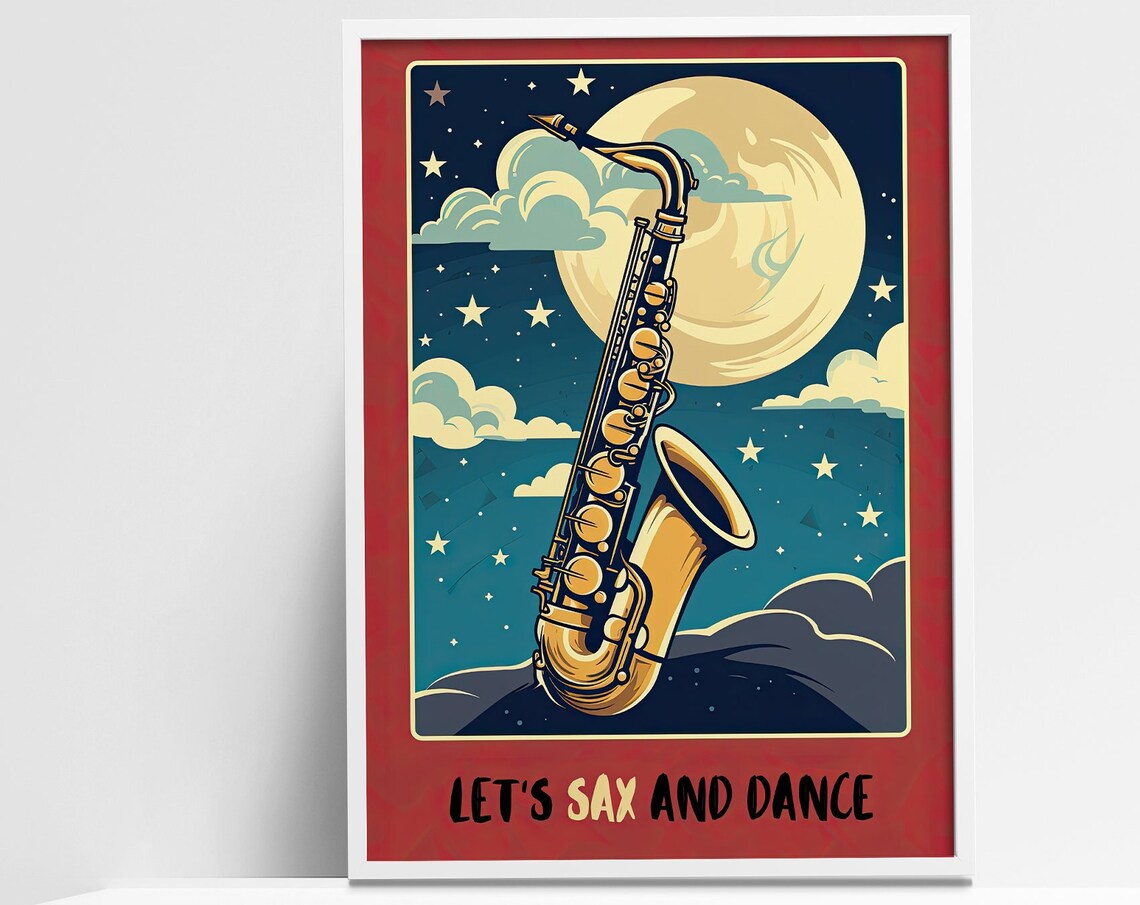 Let's Sax and Dance Saxophone Moon Retro Jazz Music Art Poster - Image 3