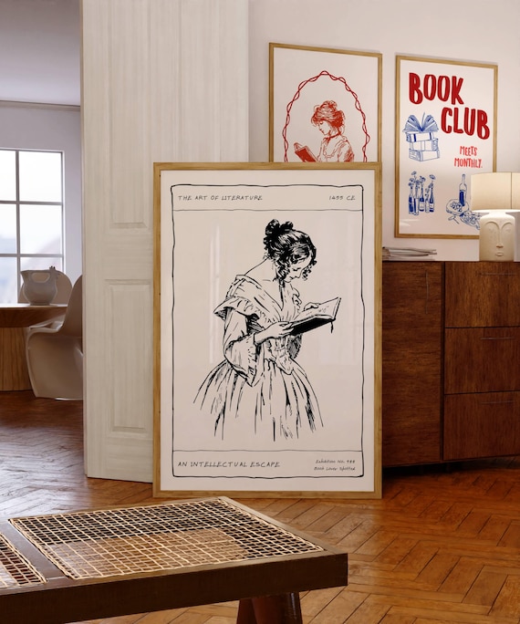 The Art of Literature Vintage Reading Woman Line Art Poster for Readers