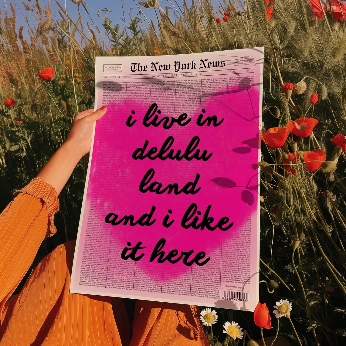 I Live in Delulu Land Funny Trendy Pink Newspaper Quote Art Poster - Image 2