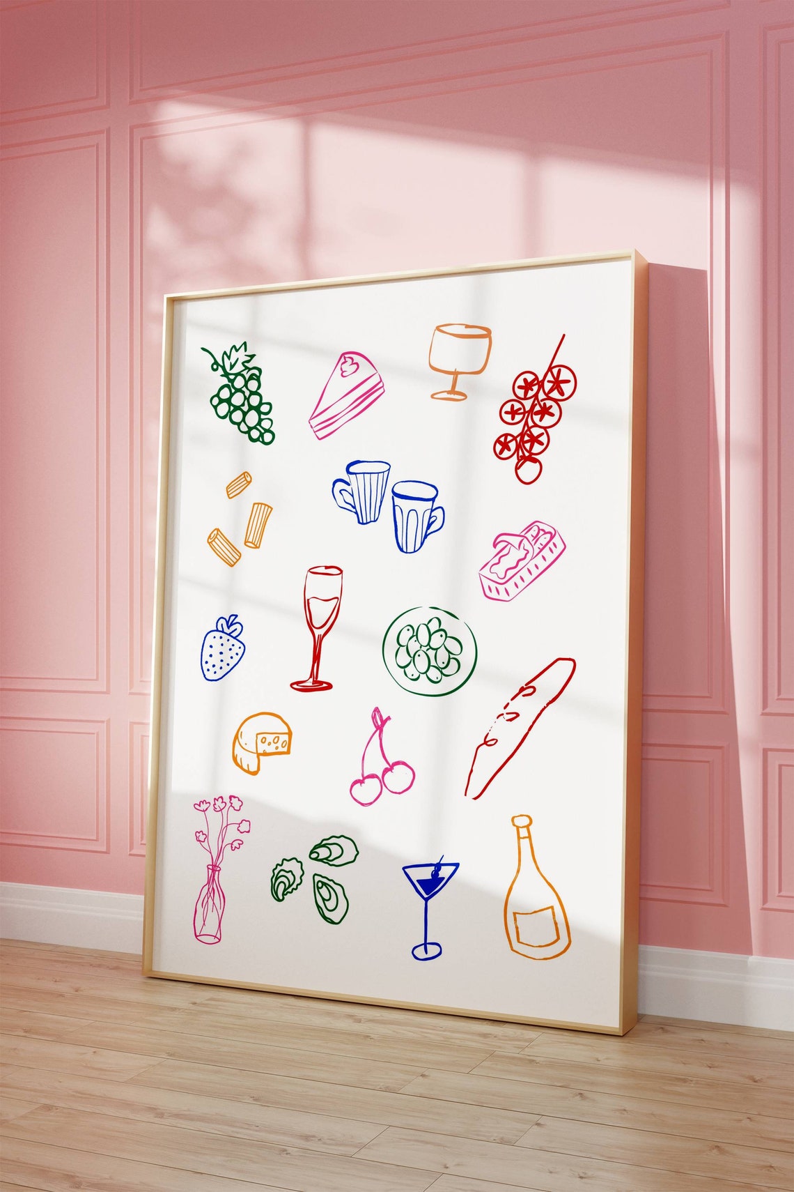 Cute Colorful Fun Food and Drink Line Icons Dinner Party Art Poster - Image 4