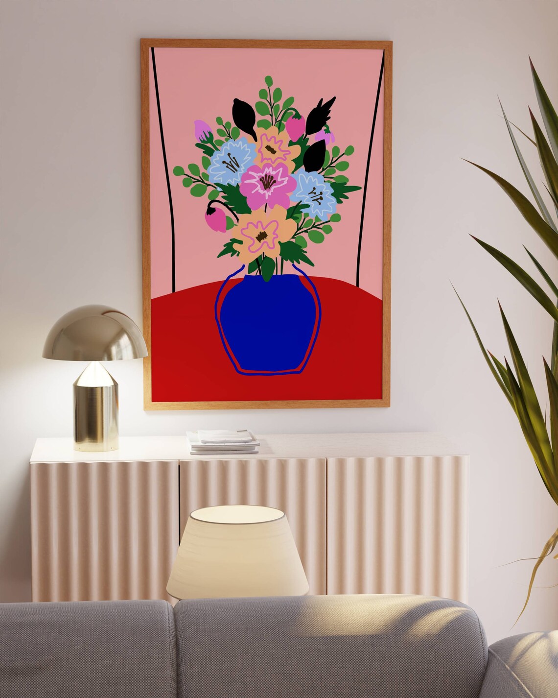 Colorful Flower Bouquet Blue Vase Maximalist Illustration Poster