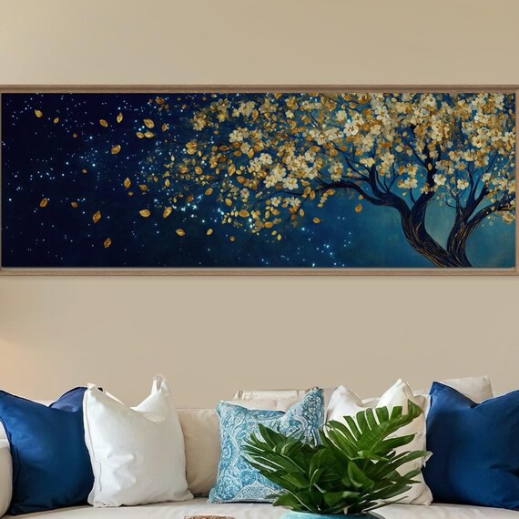 Blossom Golden Tree Art Moody Panoramic Print With White Blossoms On Dark Blue Background Perfect For Above Couch Decor