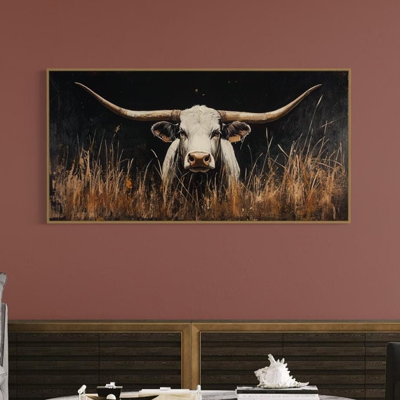 Majestic Longhorn Rustic Texas Ranch Print Bold Western Decor With White Longhorn Perfect For Farmhouse Or Living Room