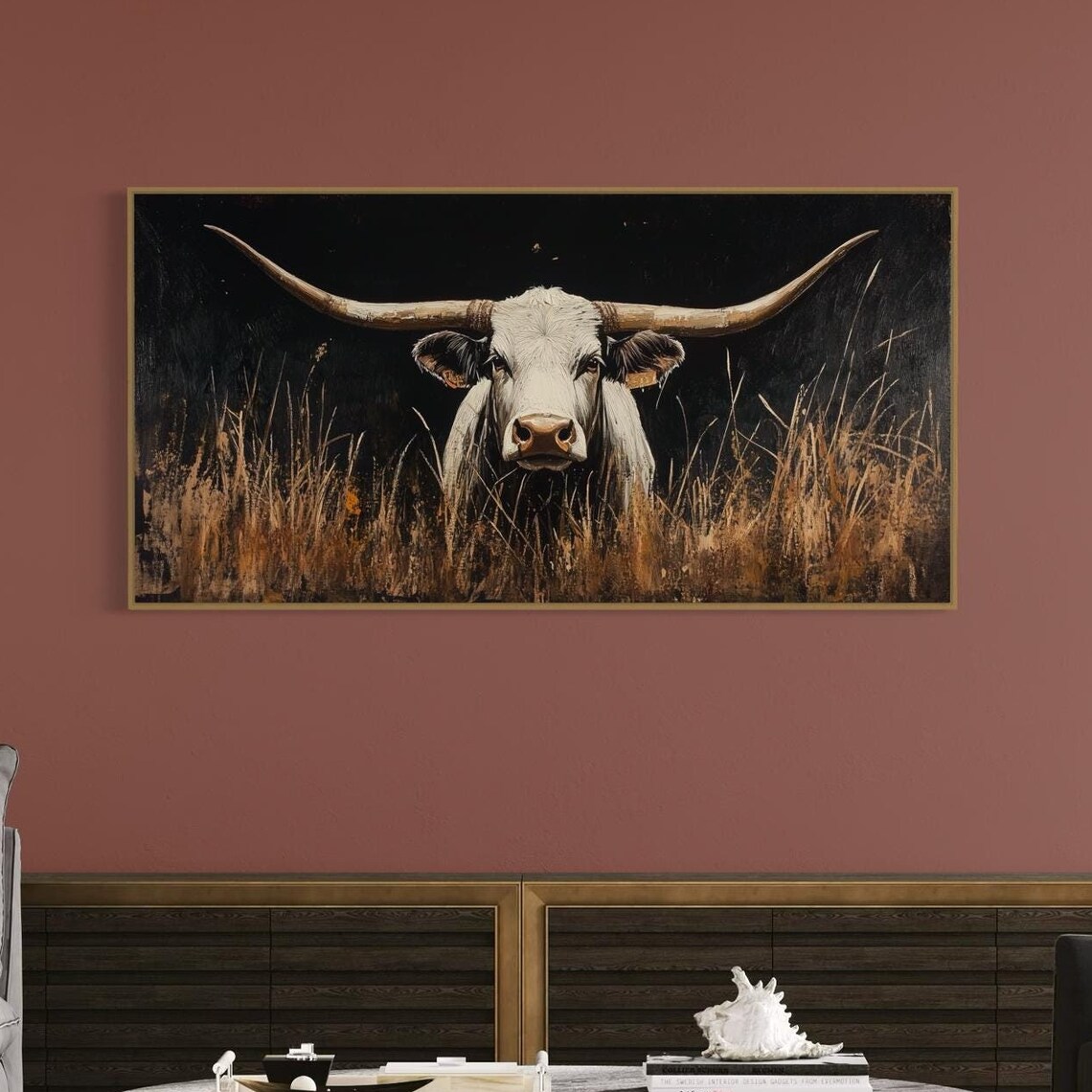 Majestic White Longhorn Dark Background Golden Grass Western Wall Art