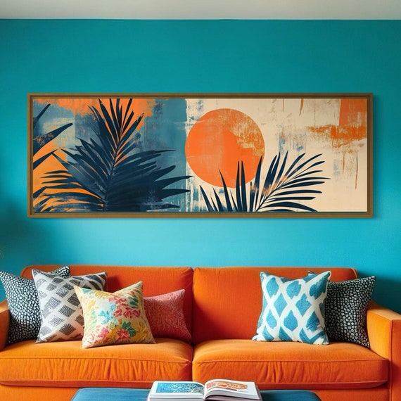 Abstract Palm Leaves Tropical Sunset Wall Art Print With Bold Orange Sun Mid Century Modern Decor For Vibrant Boho Home Art
