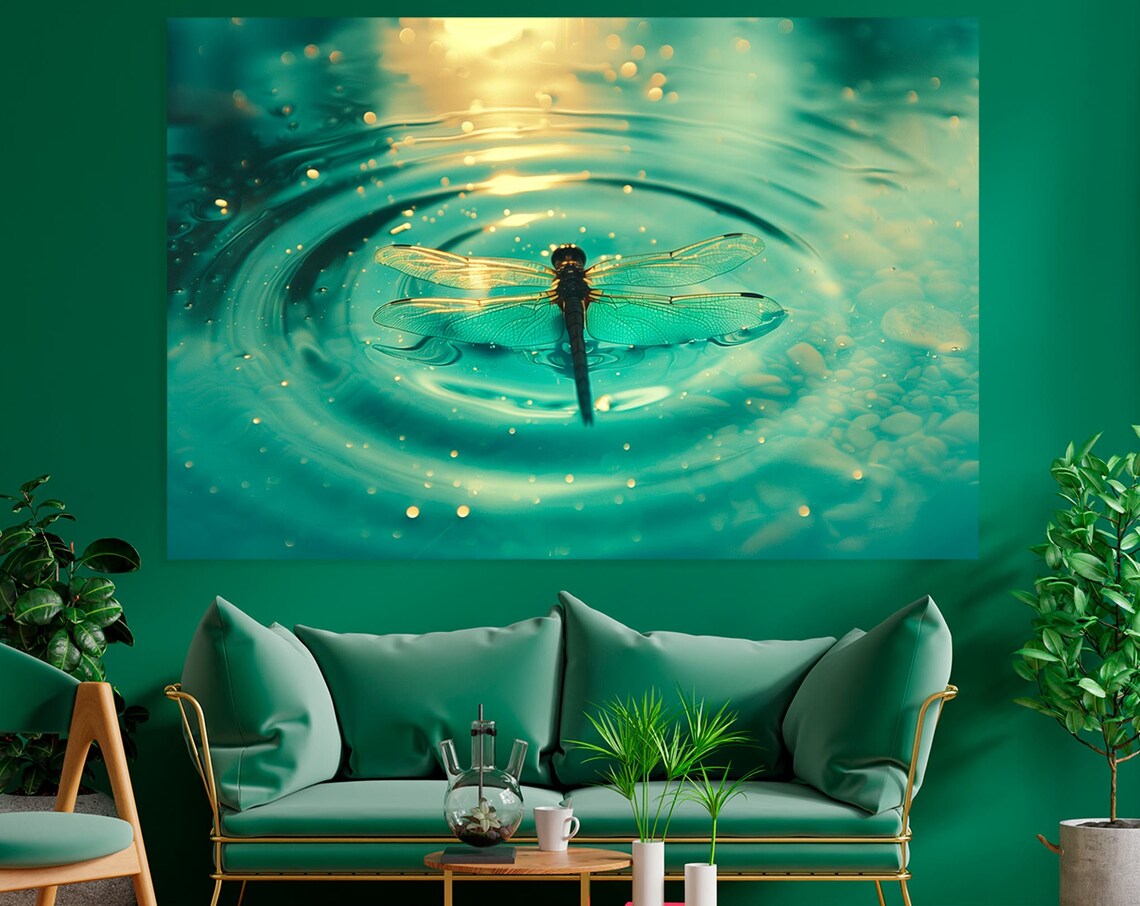 Dragonfly Blue Water Art Print, Nature Wall Scene