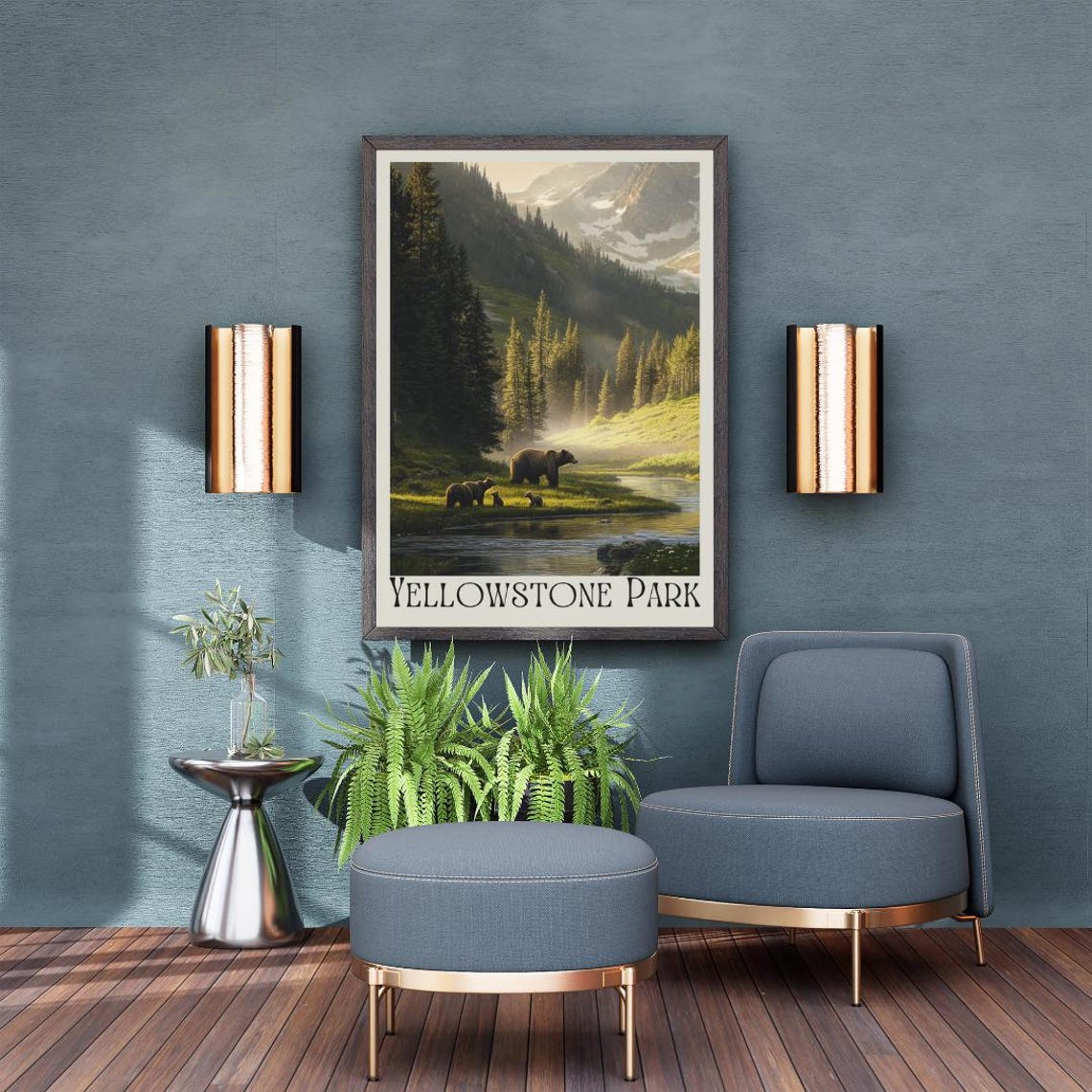Yellowstone Park Poster with Grizzly Bear Family by the River - Image 3