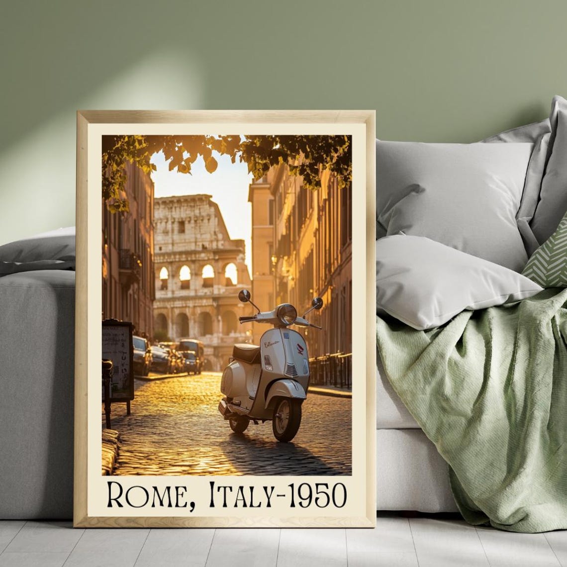 Rome Italy 1950 Poster with White Vespa Scooter and the Colosseum