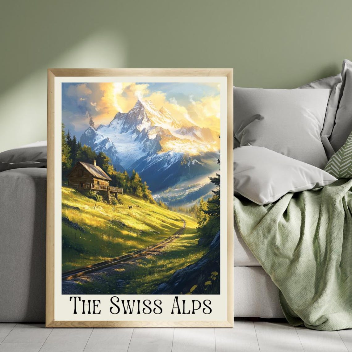 The Swiss Alps Poster with Mountain Cabin and Railway Valley
