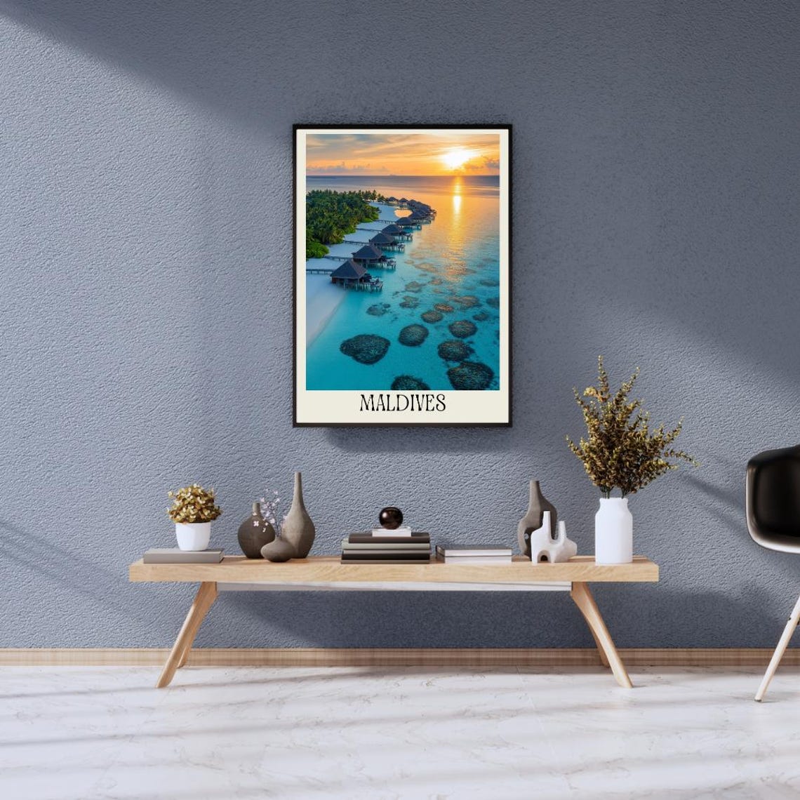 Maldives Travel Poster with Overwater Bungalows at Golden Sunset - Image 3