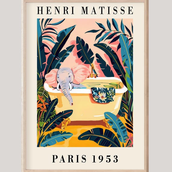 Elephant Bathroom Wall Art Print Relaxing Spa Decor Matisse Maximalist Tropical Colorful Dopamine