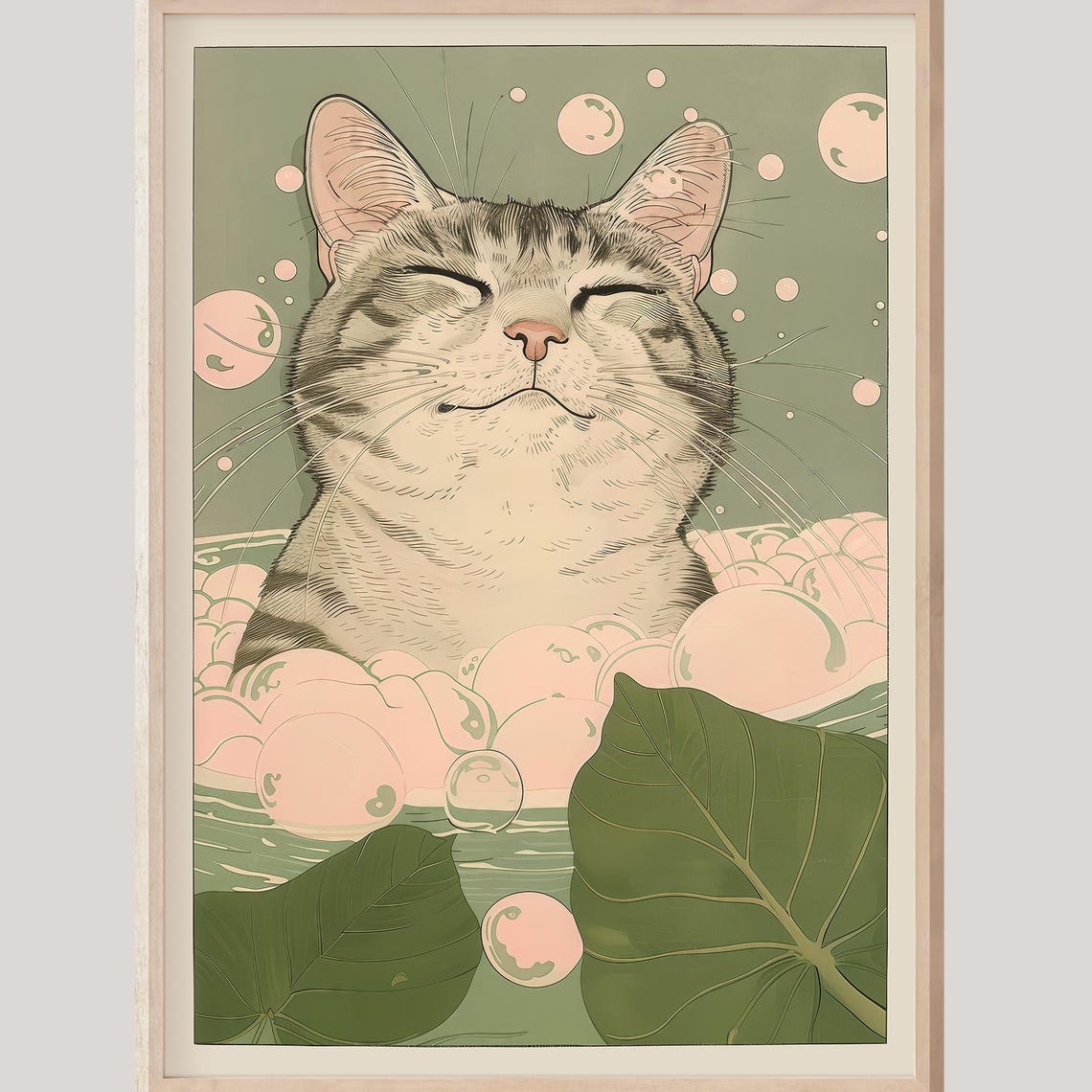 Peaceful Cat In A Pink Bubble Bath Japanese Ukiyoe Style Poster