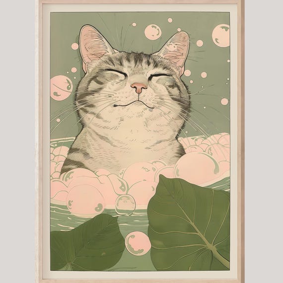 Cat In A Bathtub Print Bathroom Wall Art Restroom Decor Japanese Funny Housewarming Gift Dopamine Ukiyoe
