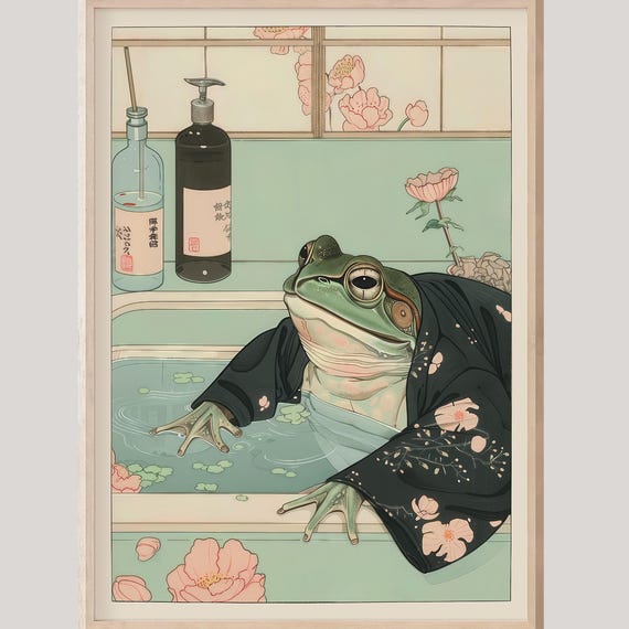 Frog In A Bathtub Wall Art Print Japanese Bathroom Decor Funny Gift Dopamine Poster Spa