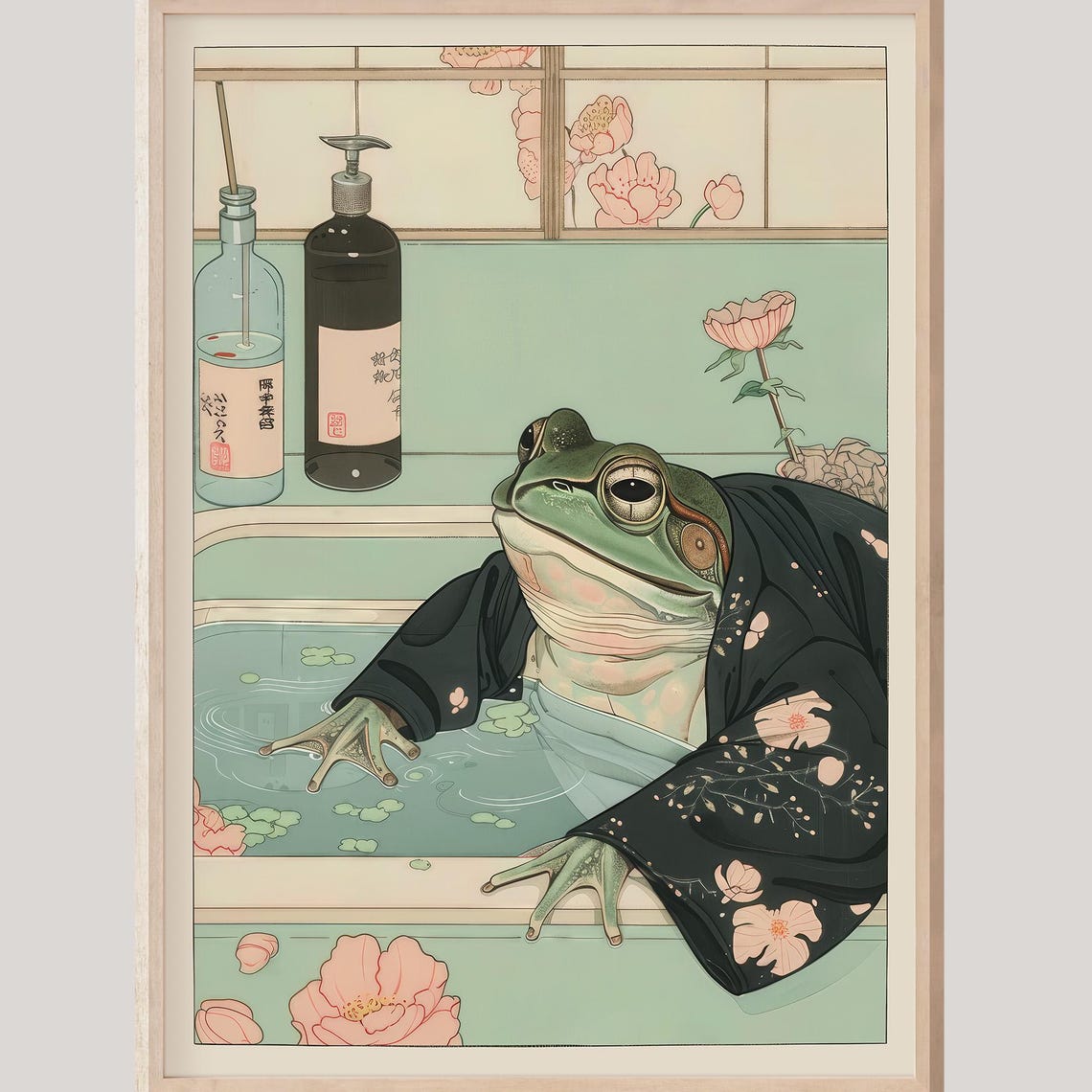 Frog in Kimono Relaxing in Bath Japanese Woodblock Art Poster