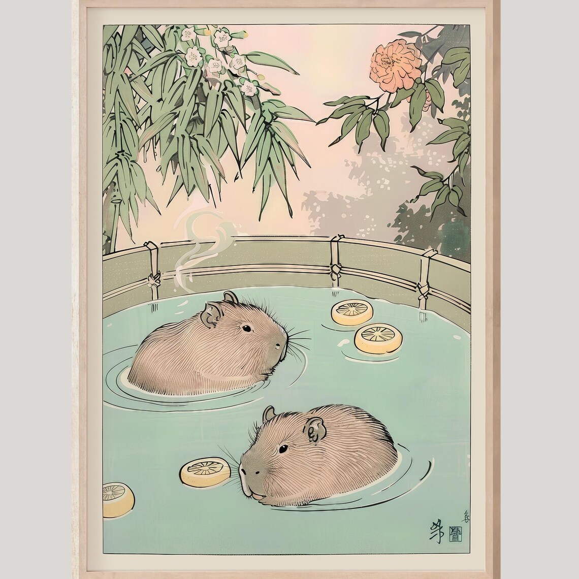 Capybara Bathroom Spa Art Print, Japan Animal Decor